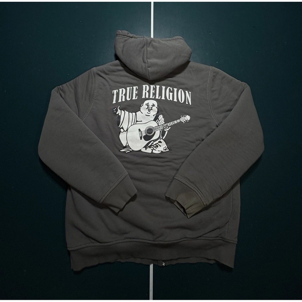 True Religion Buddha Sherpa Lined Full Zip Hoodie Sweatshirt Men's Large Gray - Picture 3 of 13